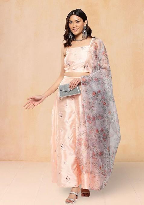 Peach Emboridered Blended Lehenga Choli
