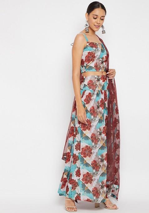 Blue Printed Blended Lehenga Choli