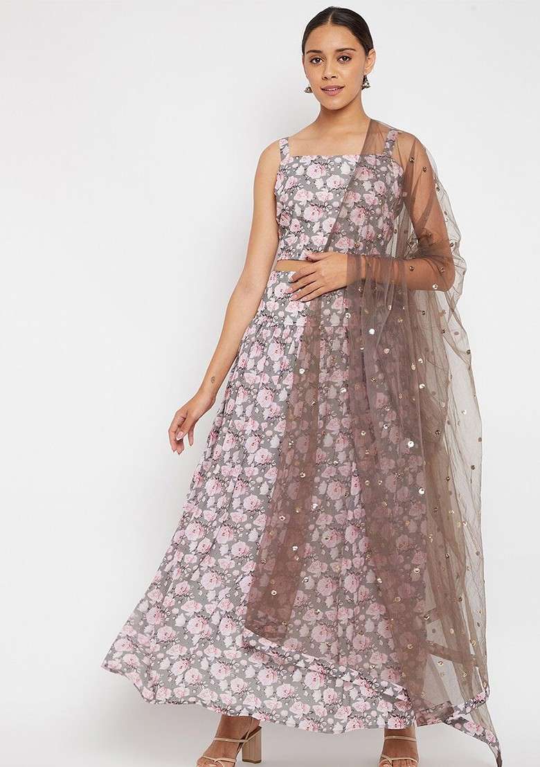 Grey Printed Blended Lehenga Choli for Diwali and Festive Wear - Indya