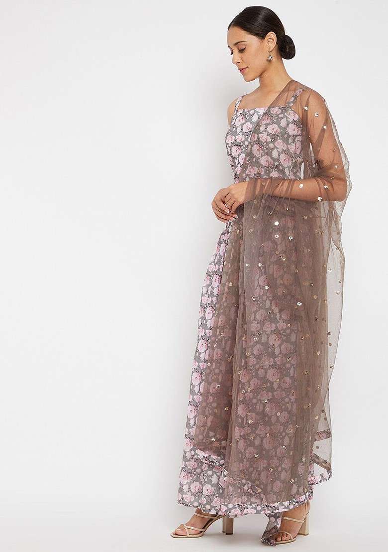 Grey Printed Blended Lehenga Choli for Diwali and Festive Wear - Indya