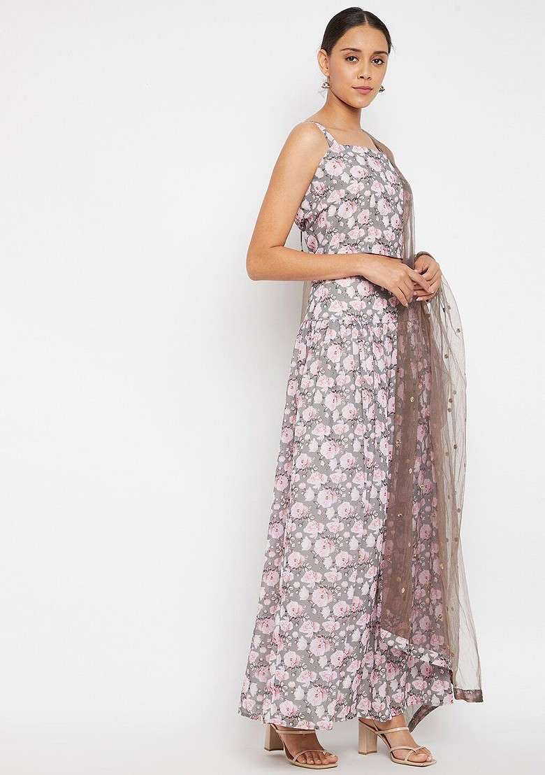 Grey Printed Blended Lehenga Choli for Diwali and Festive Wear - Indya