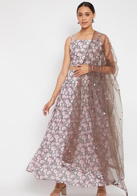 Grey Printed Blended Lehenga Choli — view on Indya