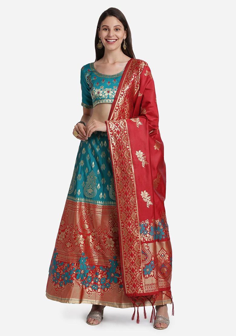 Turquoise Blue Emboridered Blended Lehenga Choli - Indya