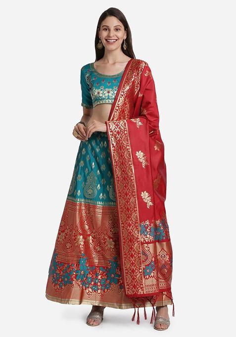 Turquoise Blue Emboridered Blended Lehenga Choli — view on Indya