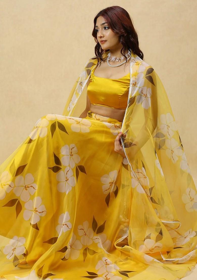 Yellow Printed Blended Lehenga Choli - Indya