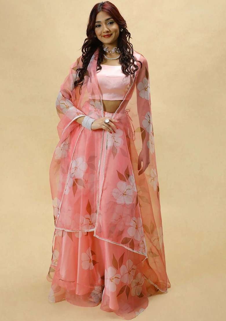 Red Printed Blended Lehenga Choli - Indya