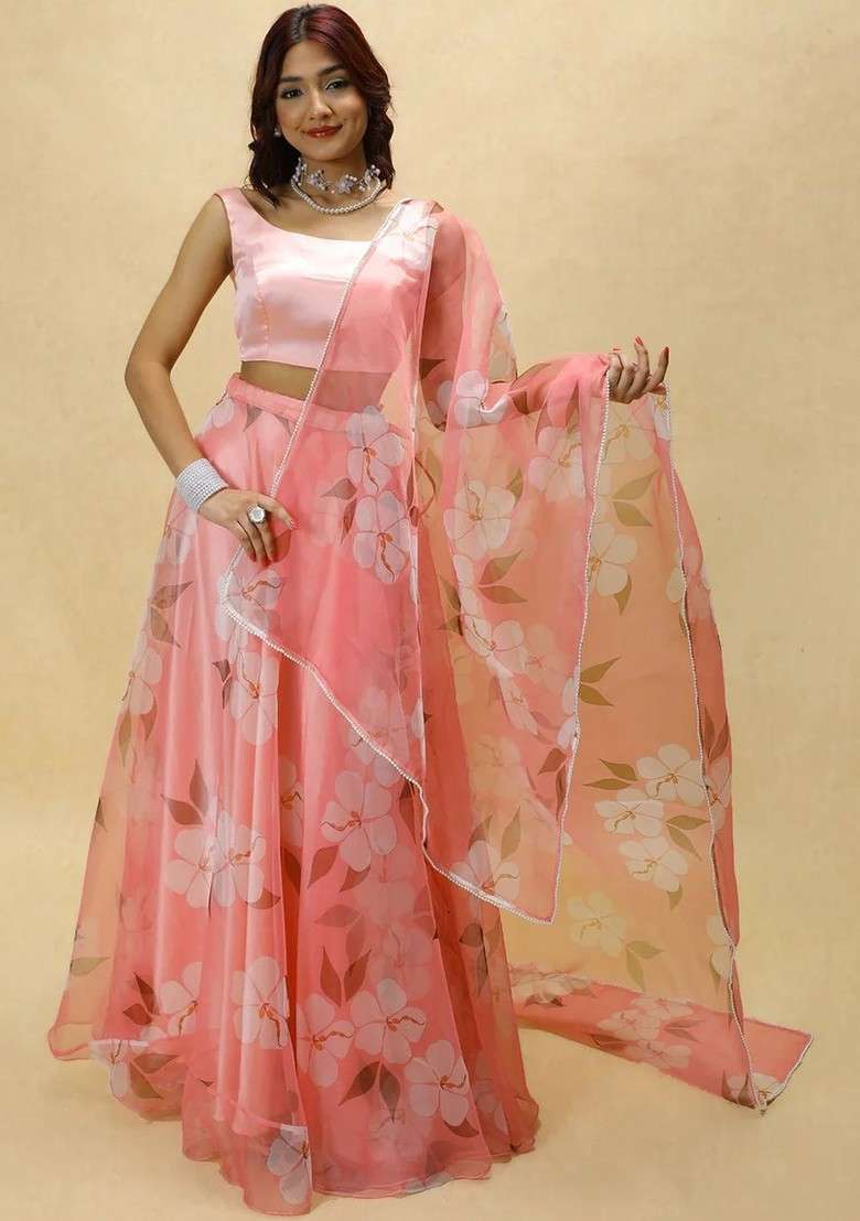 Red Printed Blended Lehenga Choli - Indya