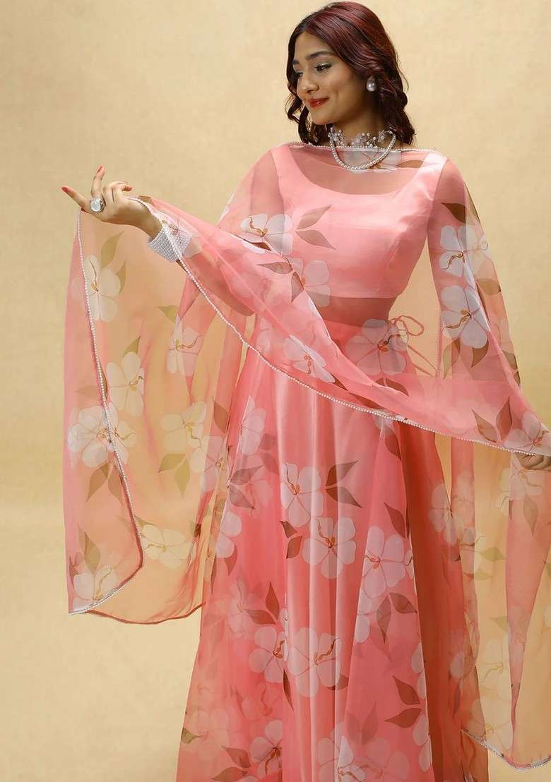 Red Printed Blended Lehenga Choli - Indya