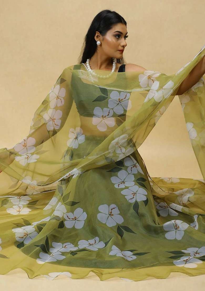 Green Printed Blended Lehenga Choli - Indya