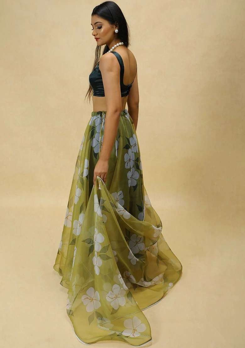Green Printed Blended Lehenga Choli - Indya
