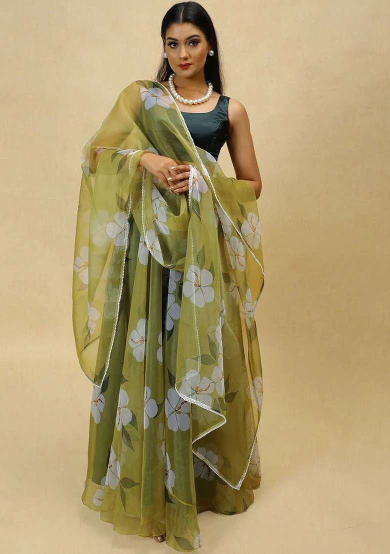 Green Printed Blended Lehenga Choli - Indya