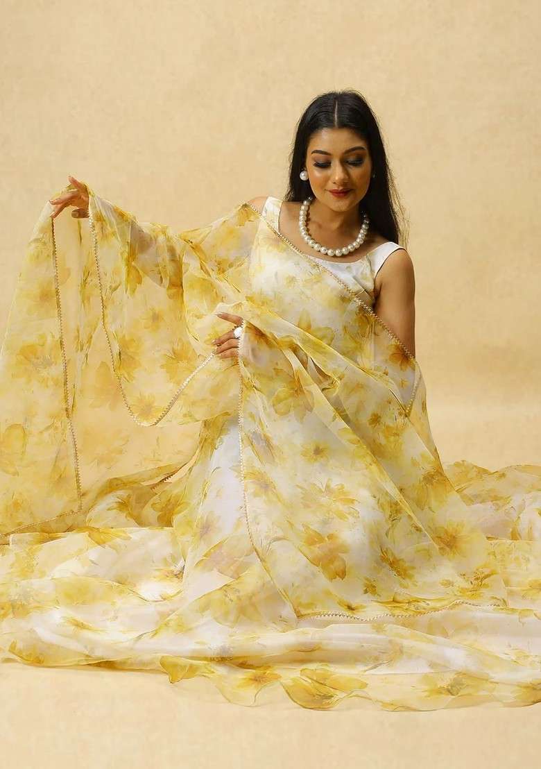 Yellow Printed Blended Lehenga Choli - Indya