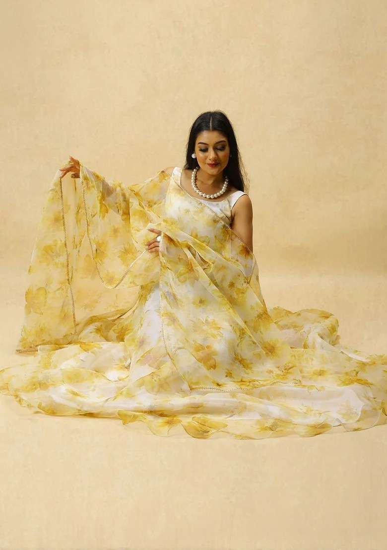 Yellow Printed Blended Lehenga Choli - Indya