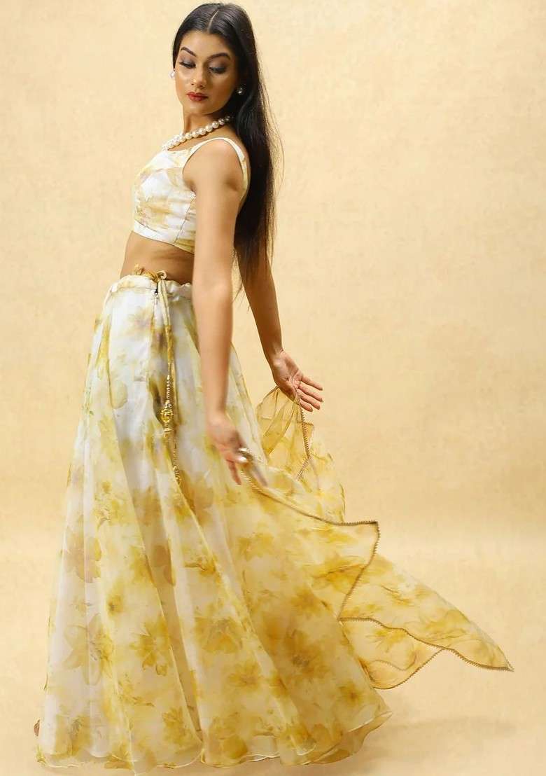 Yellow Printed Blended Lehenga Choli - Indya