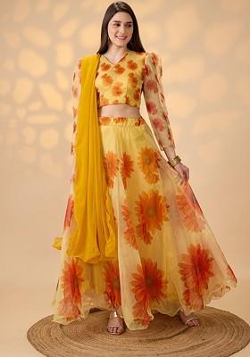 Yellow Printed Blended Lehenga Choli