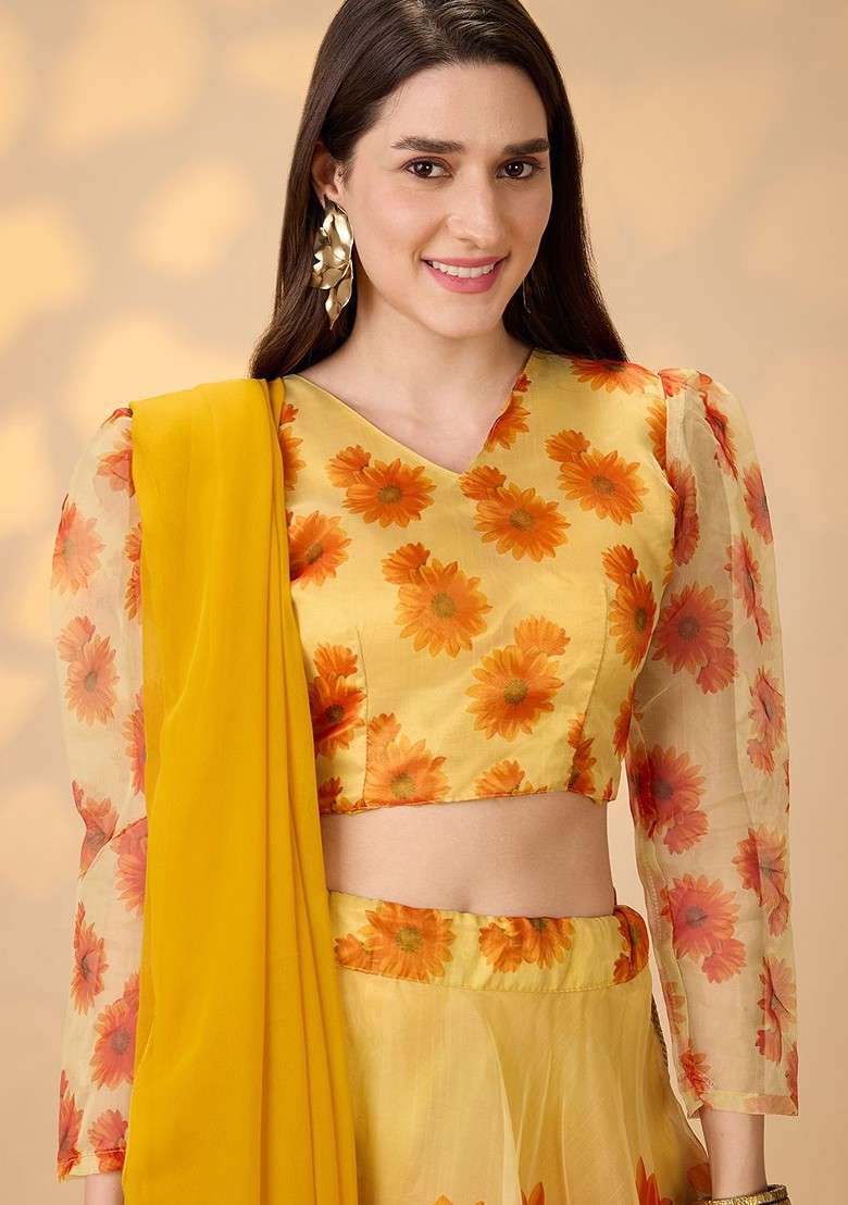 Yellow Printed Blended Lehenga Choli - Indya