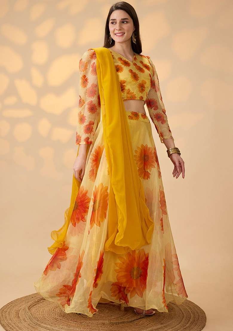 Yellow Printed Blended Lehenga Choli - Indya