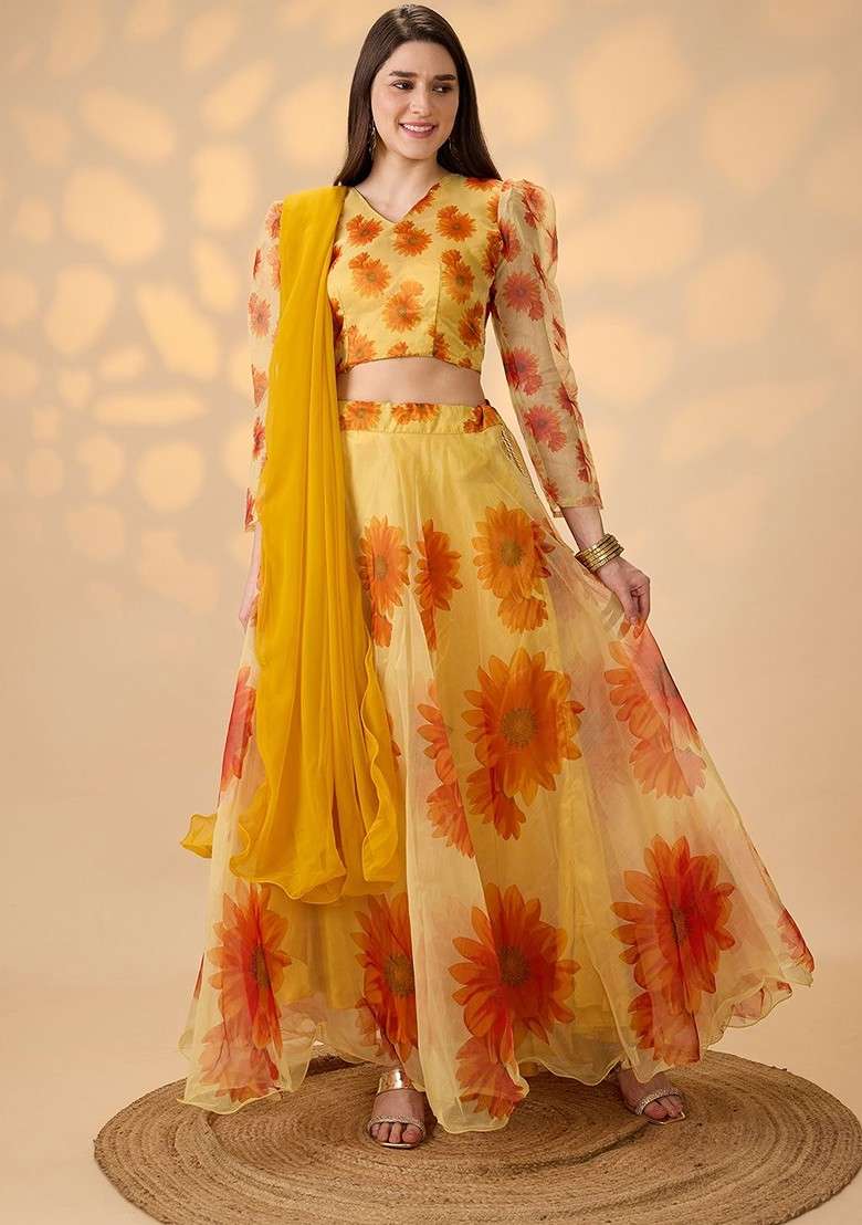 Yellow Printed Blended Lehenga Choli - Indya
