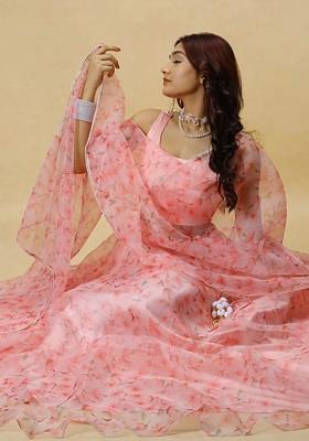 Pink Printed Blended Lehenga Choli