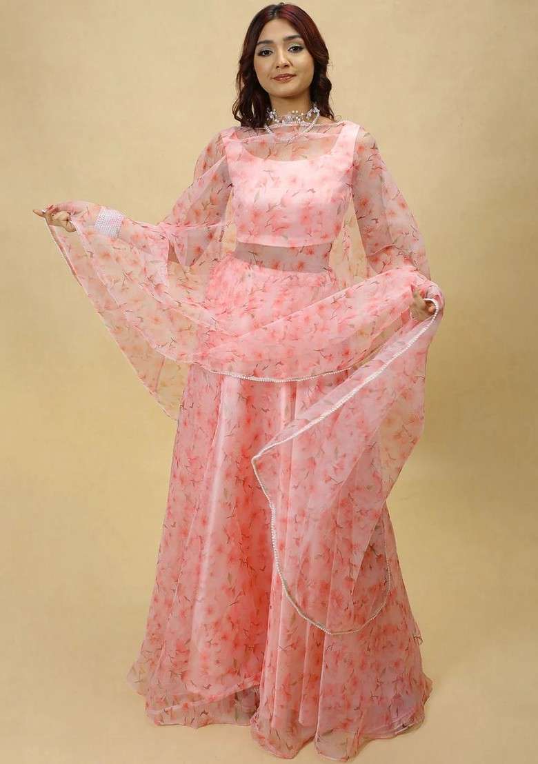 Pink Printed Blended Lehenga Choli - Indya