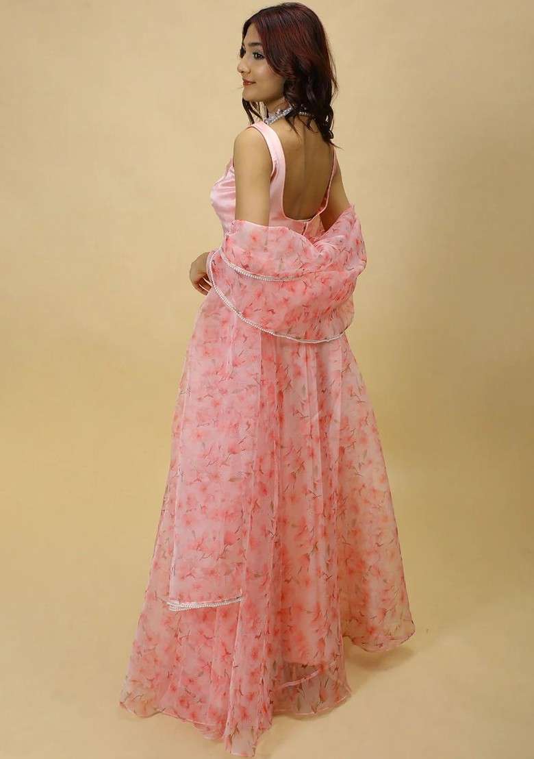 Pink Printed Blended Lehenga Choli - Indya