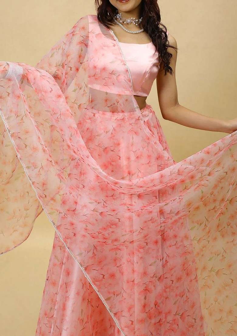 Pink Printed Blended Lehenga Choli - Indya