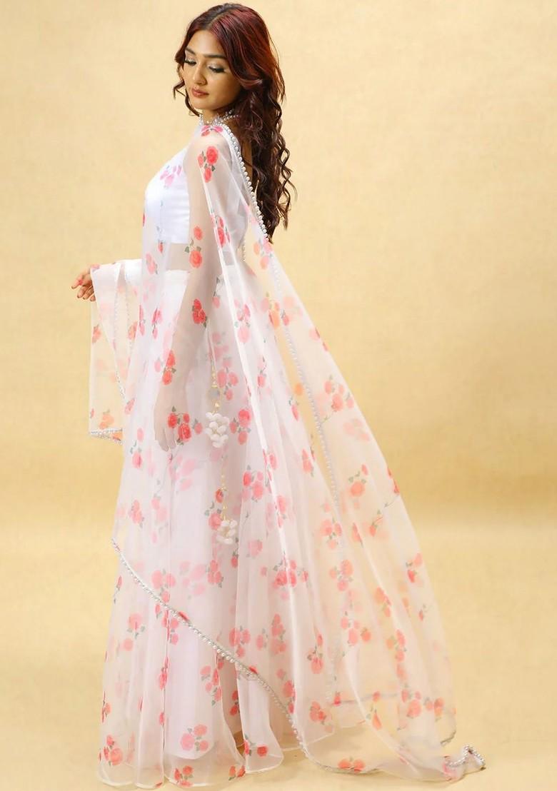 White Printed Blended Lehenga Choli - Indya