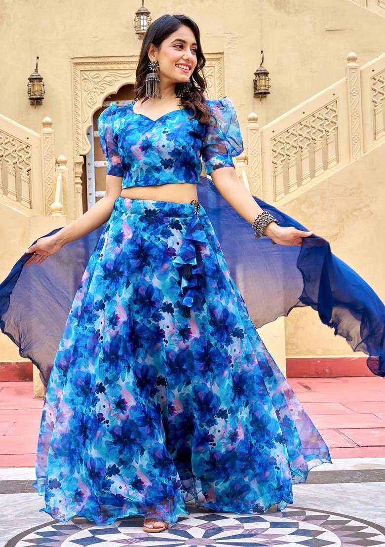 Blue Printed Blended Lehenga Choli - Indya