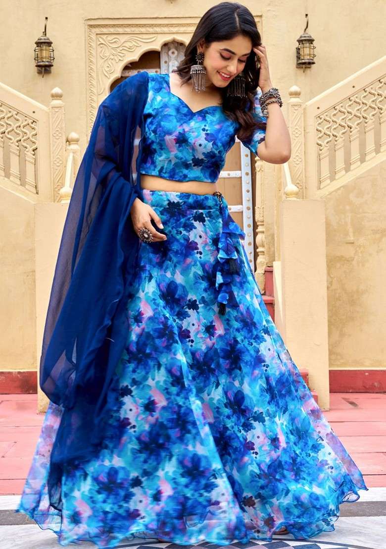 Blue Printed Blended Lehenga Choli - Indya