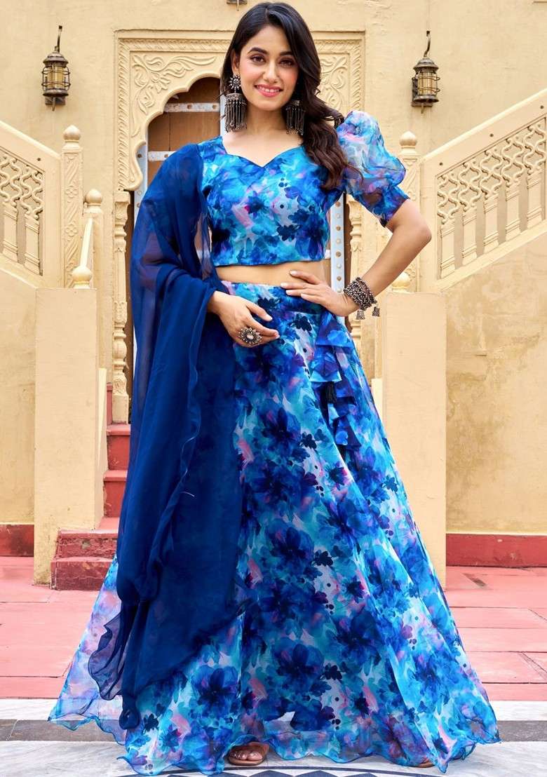 Blue Printed Blended Lehenga Choli - Indya