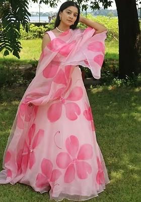 Pink Printed Blended Lehenga Choli