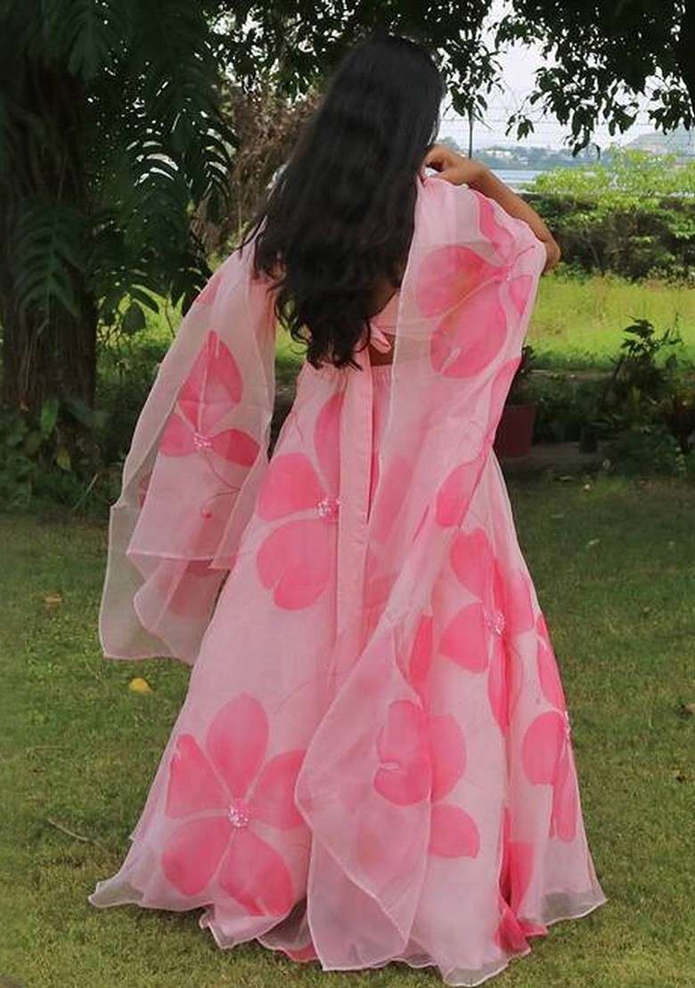 Pink Printed Blended Lehenga Choli - Indya