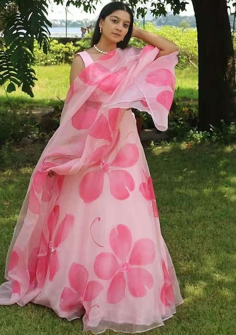 Pink Printed Blended Lehenga Choli - Indya