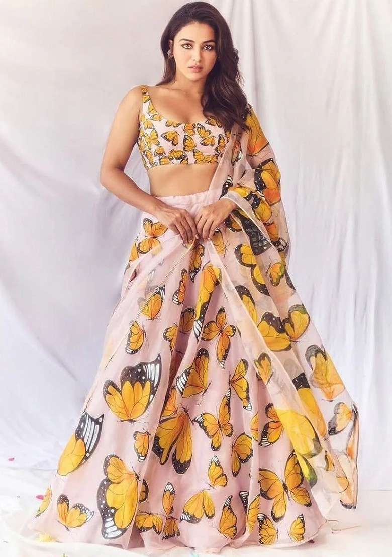 Yellow Printed Blended Lehenga Choli - Indya