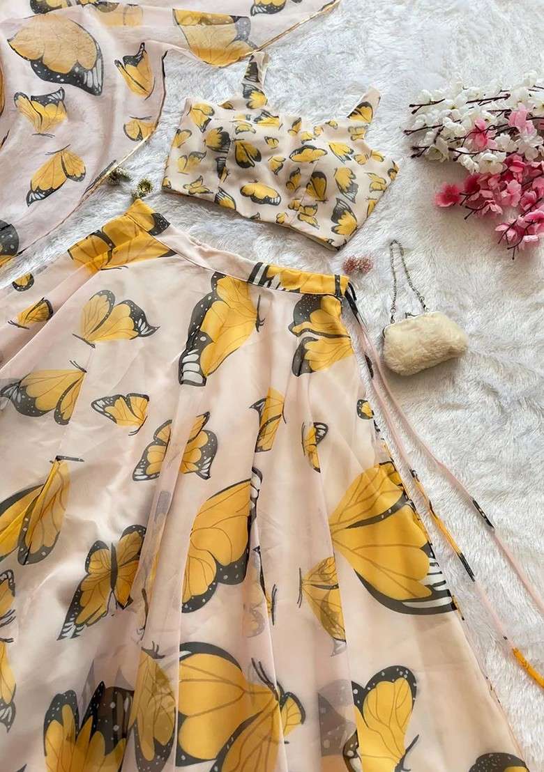 Yellow Printed Blended Lehenga Choli - Indya