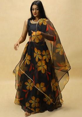 Black Printed Blended Lehenga Choli