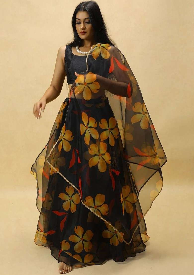 Black Printed Blended Lehenga Choli - Indya
