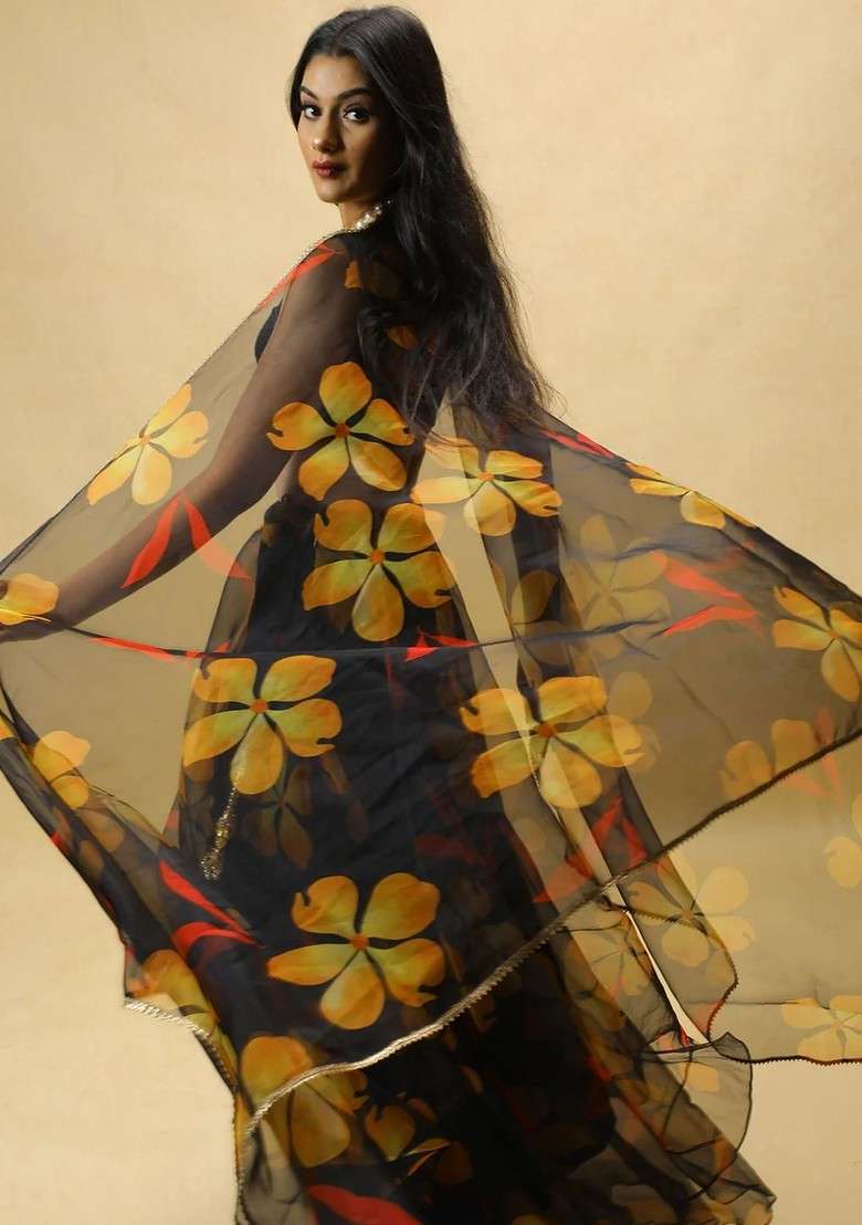 Black Printed Blended Lehenga Choli - Indya