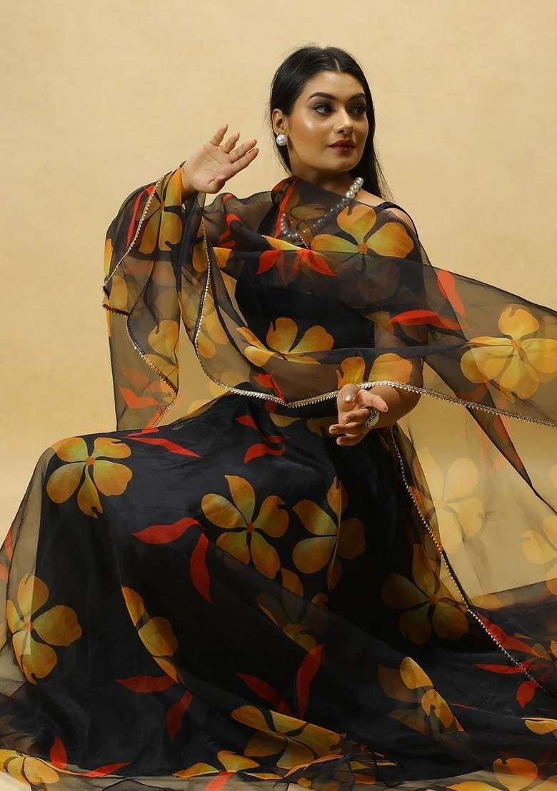 Black Printed Blended Lehenga Choli - Indya