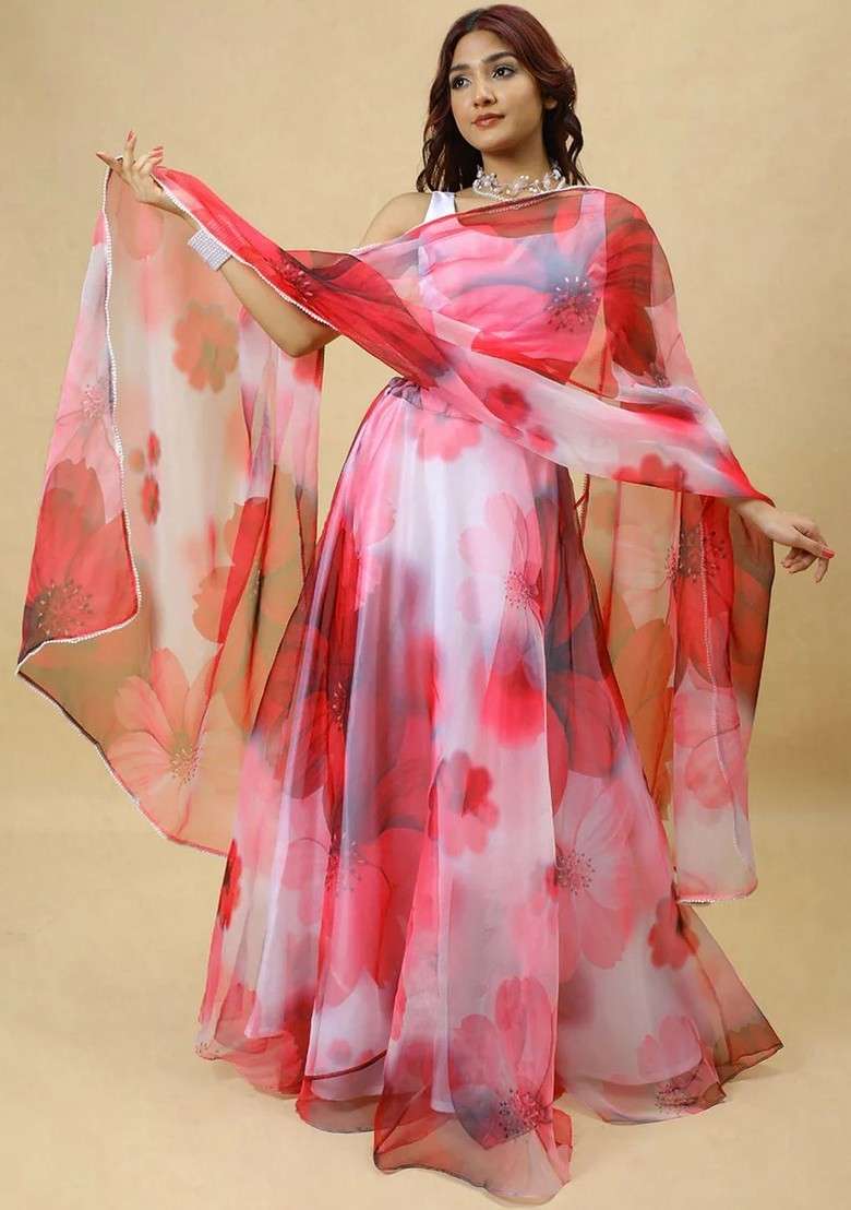 Maroon Printed Blended Lehenga Choli - Indya