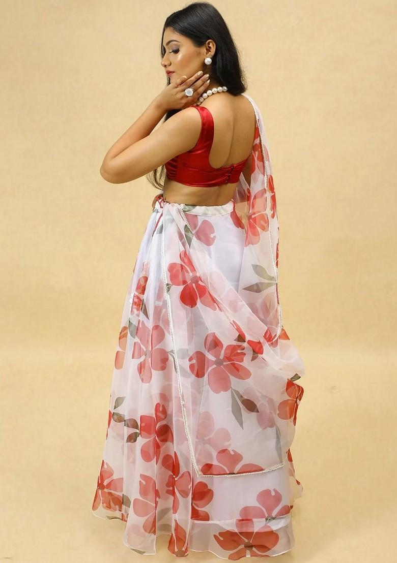 White Printed Blended Lehenga Choli - Indya