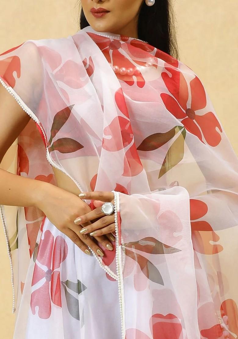 White Printed Blended Lehenga Choli - Indya