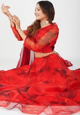 Red Printed Blended Lehenga Choli