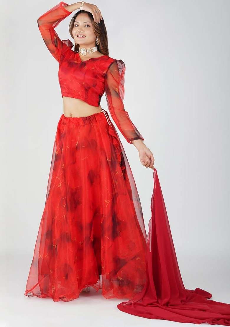 Red Printed Blended Lehenga Choli - Indya