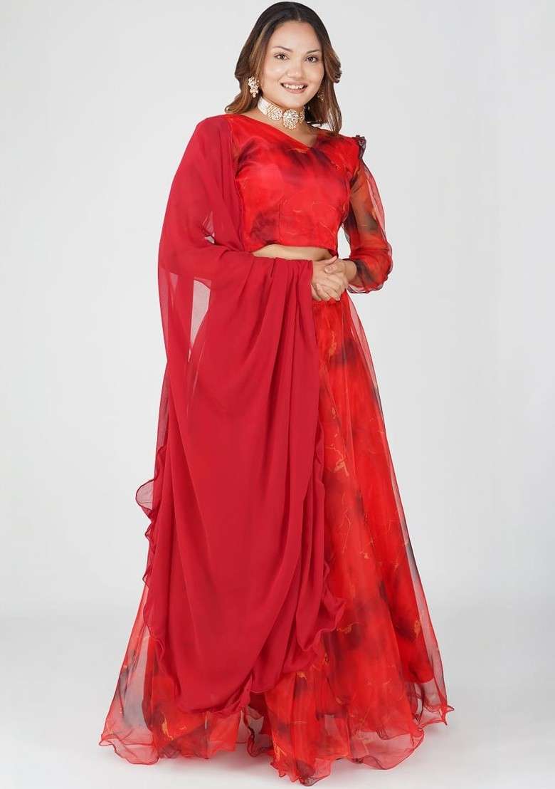 Red Printed Blended Lehenga Choli - Indya