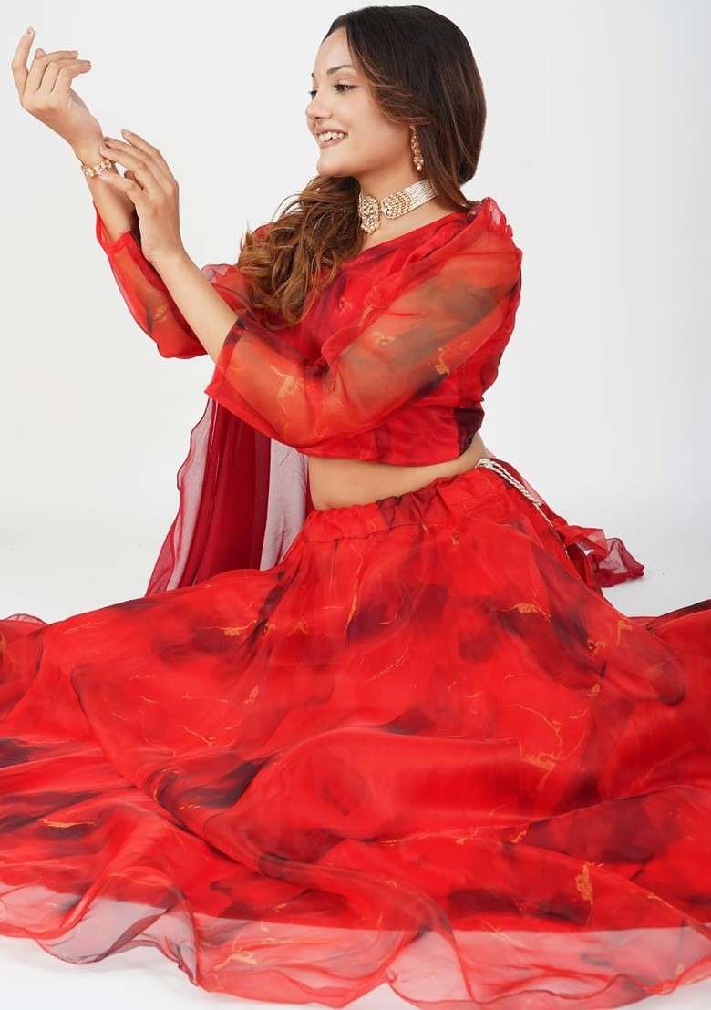 Red Printed Blended Lehenga Choli - Indya