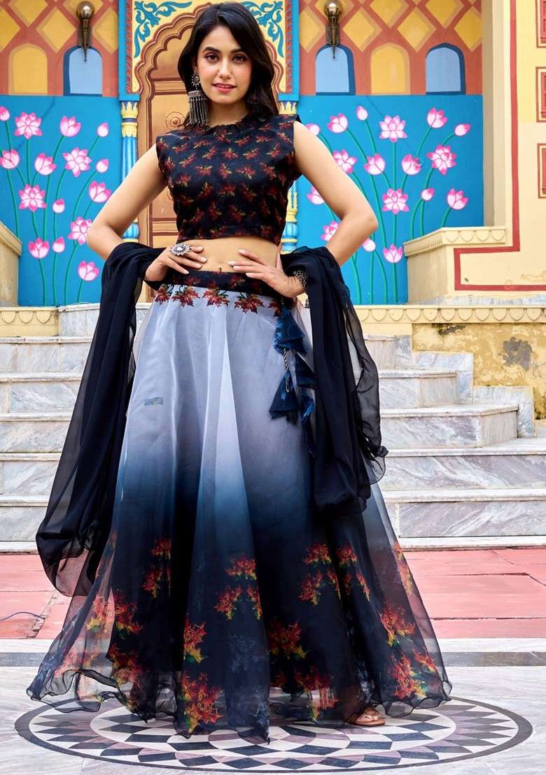 Black Printed Blended Lehenga Choli - Indya