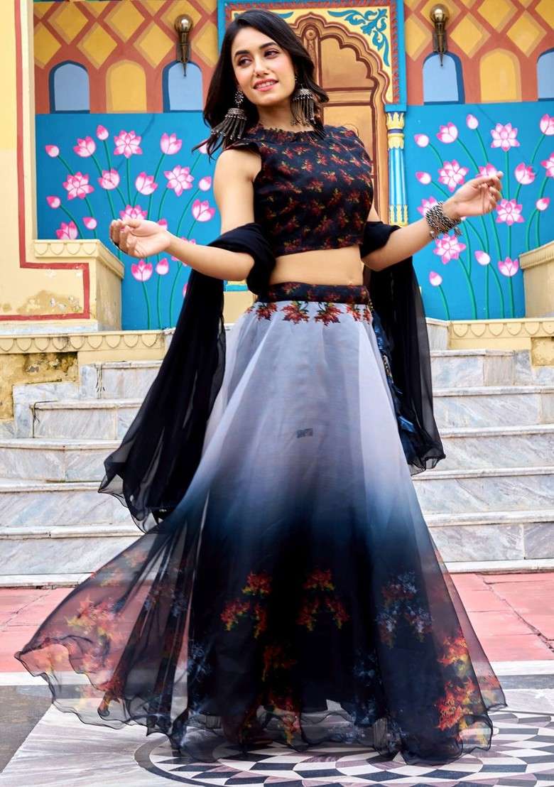 Black Printed Blended Lehenga Choli - Indya