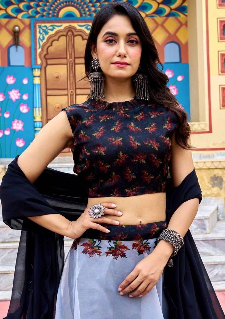 Black Printed Blended Lehenga Choli - Indya