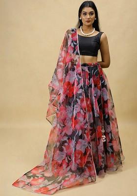 Black Printed Blended Lehenga Choli